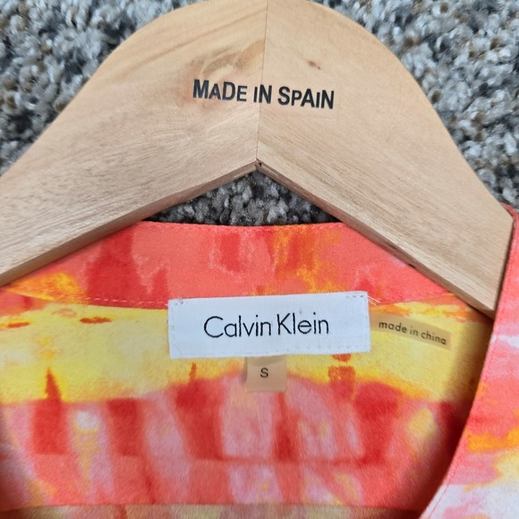 Calvin Klein Top Womens Small Orange Button Up Semi‎ Sheer Blouse Pockets Ladies - Picture 6 of 7